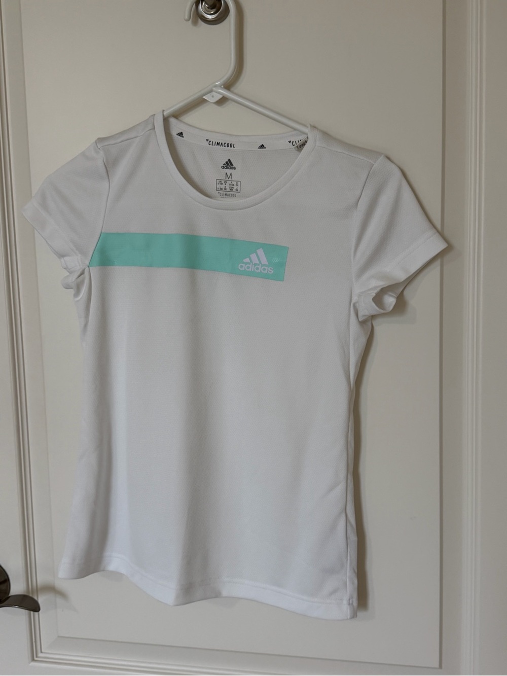 adidas White Short Sleeve Tee with Mint Stripe